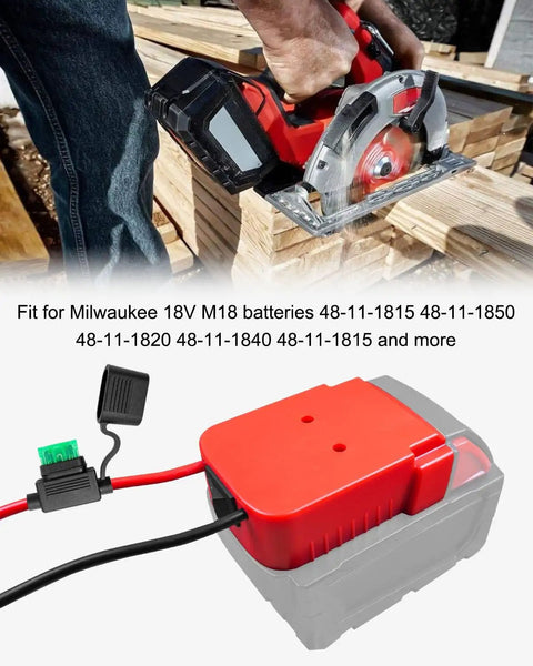 Hand using circular saw with Adapter Kit For 18V M18 Batteries With DC 12V To 60V Motor Speed Controller And Built In Low Voltage Protection.