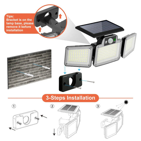 280 LED Solar Flood Security Lights With Remote Control Outdoor Motion Sensor Lights Waterproof For Porch Patio Yard Garage 2 Pack Plug And Play Setup Long Battery Life Three Lighting Modes installation guide.