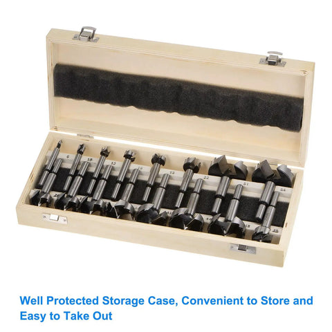 Top Notch Assorted Forstner Bit Set Featuring Game Changer Hardened Round Shanks For Clean Wood Drilling And Real Deal Heavy Duty Precision Work in storage case.