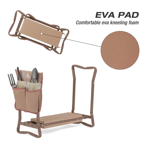 2 In 1 Garden Kneeler And Seat Folding Bench With Tool Pocket And EVA Kneeling Pad Plus Garden Gloves showing foldable design and foam pad