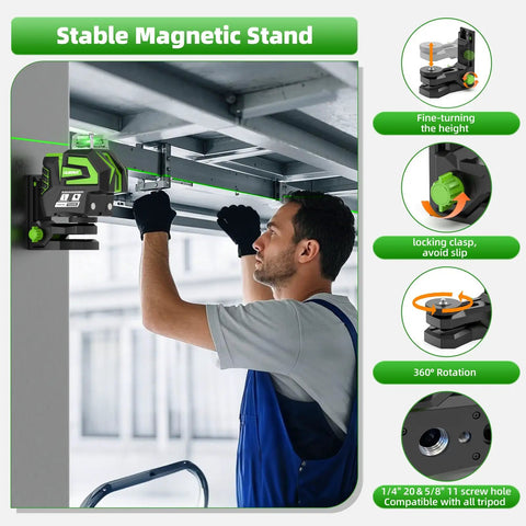 Dead Nuts True Self Leveling Green Laser Level Tough Cross Line Tool with magnetic stand, fine-tuning height for easy use.
