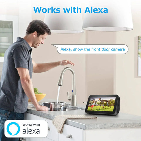 Man using Alexa to display feed from Wireless Outdoor Security Camera With Pan Tilt And Battery Power 2.4G WiFi PIR Motion Detection And Two Way Talk Color Night Vision 9000mAh Battery For Easy No Wires Setup Solar Panel Ready