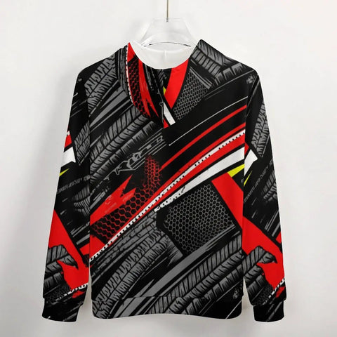 Mens Fire Graphic Zip Up Hoodie Heavy Cotton Fleece Jacket Street Style Drawstring Sweatshirt With Drip Ready Tread Texture For Daily Grind And Laid Back Activities XX Large with red and black tire print design.