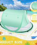 Large Pop Up Baby Beach Tent With Mosquito Net Portable Sun Shade For Travel And Indoor Play Kid Friendly Easy Setup Spacious 54 By 35 By 26 Inch Design UPF 50 Plus UV Protection No Fuss Portable Shelter shown on a beach with dimensions and carry bag.
