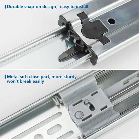 10 Pair Soft Close Drawer Slides 22 Inch Heavy Duty Side Mount Ball Bearing 3-Section Full Extension 100 Lb Capacity snap-on design