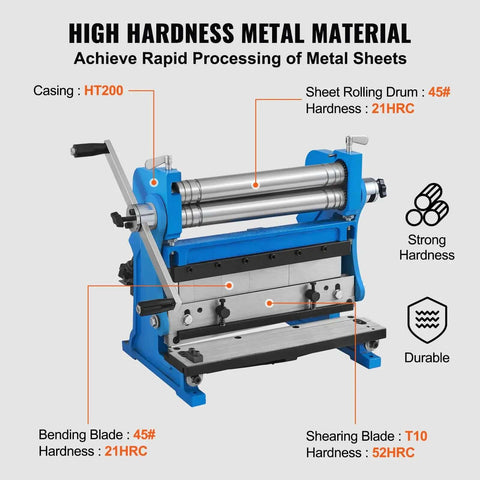 12 Inch 3 In 1 Sheet Metal Brake Shear Roll Machine With 20 Gauge Capacity And 90 Degree Bend, showcasing metal hardness details
