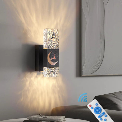 Rechargeable Wireless Wall Sconce With Remote Control And 10000mAh Battery, Sleek Dimmable LED Wall Light With Crystal Ripple Shade And Deer Design