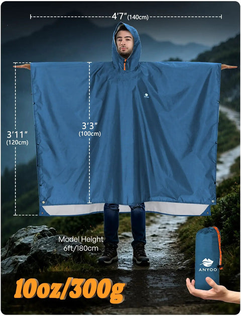Model wearing Hooded Rain Poncho For Adults Waterproof Lightweight Rain Jacket For Men And Women Reusable Emergency Camping Gear Sea Blue One Size With Sealed Seams And TPU Coating