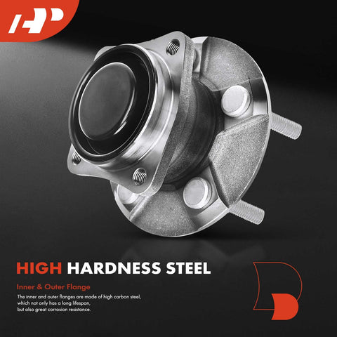 Rear Wheel Bearing And Hub Assembly For Toyota Corolla 2003 To 2008 Matrix Celica 2000 To 2005 And Pontiac Vibe Five Lug Front Wheel Drive Non ABS Replacement Quick Fit, showing high hardness steel construction.