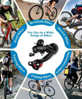 Direct Mount 6 Speed Bicycle Rear Derailleur With Bracket In Red shown with diverse bike types including road and mountain.