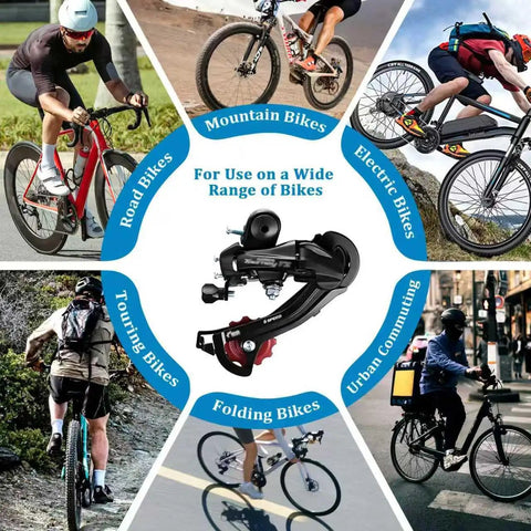 Direct Mount 6 Speed Bicycle Rear Derailleur With Bracket In Red shown with diverse bike types including road and mountain.