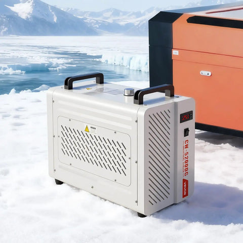 Solid Industrial Water Chiller With 5460 BtuH Cooling Output And Built In Compressor For CO2 Laser Engines Up To 150W Plus CNC Coolant Systems in snowy landscape.