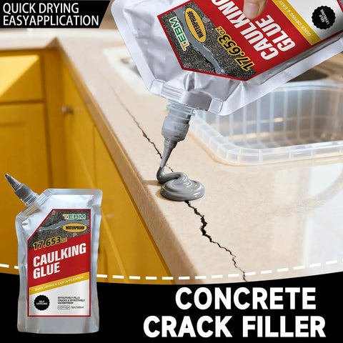 Heavy Duty Concrete Crack Filler And Retaining Wall Joint Compound With Base Seal Plus Masonry Fissure Mastic For Garden Walls and Planter Beds To Fix Block Gaps With A Legit Durable No Sweat Foundation being applied to a crack on a countertop.