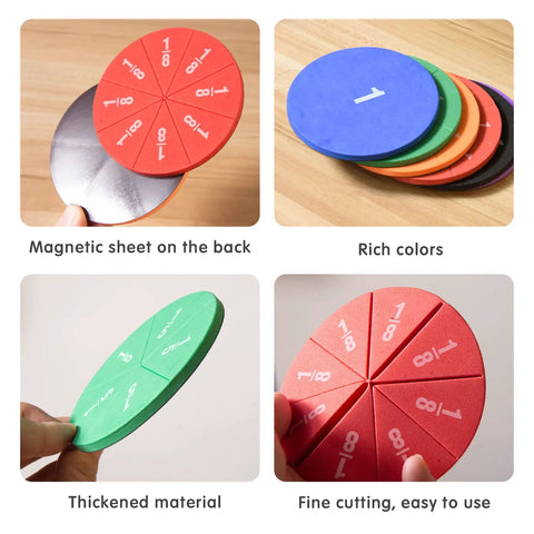 Magnetic Fraction Tiles Circle Set For Kids, 51 Pieces Rainbow Math Manipulatives with colorful fraction circles and magnetic backing.