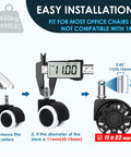 Diagram showing Universal Rubber Replacement Office Chair Wheels Set Of 5 Heavy Duty Caster Wheels, installation guide for most chairs, not IKEA.