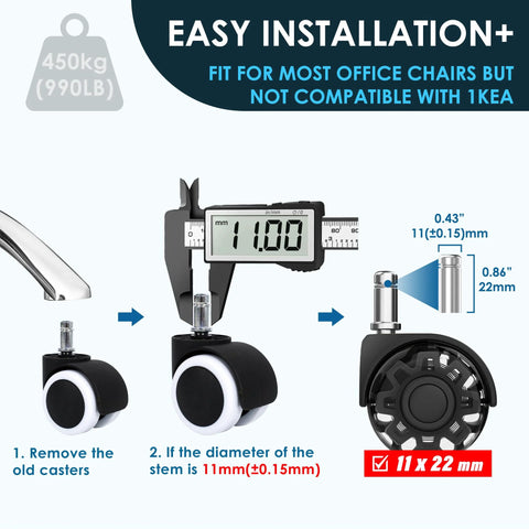 Diagram showing Universal Rubber Replacement Office Chair Wheels Set Of 5 Heavy Duty Caster Wheels, installation guide for most chairs, not IKEA.
