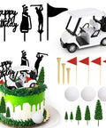 21 Piece Golf Cake Decorations Kit Featuring Mini Golf Cart Toy Acrylic Flags And Lush Green Trees for vibrant cake display.
