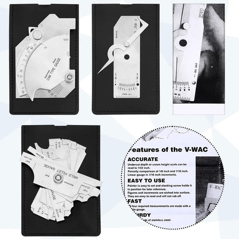 Pro Grade 3 Piece Welding Measuring Tools Set With 7 Piece Fillet Weld Gauge Kit, Single Weld Ruler And Stainless Steel Bridge Cam Gauge For Precise Welding Inspections And Accurate Metal Fabrication. Stainless steel weld gauge set in black pouch