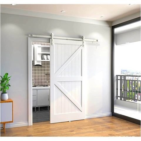 White barn door in living room using 5 Ft Bypass Barn Door Hardware Kit For Double Doors White Heavy Duty Sliding Track With Quiet Glide Mute Rollers One Track System For Cabinet Closet Living Room Low Ceiling Flat Track Easy Install Space Saver