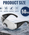 Fifty Pack Tough As Nails Safety Glasses For Crews And Jobsites Featuring Anti Fog Polycarbonate Lenses shown with product size details.