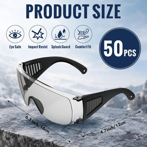 Fifty Pack Tough As Nails Safety Glasses For Crews And Jobsites Featuring Anti Fog Polycarbonate Lenses shown with product size details.