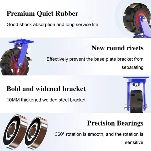 Four Pack Super Heavy Duty Swivel Caster Wheels With Brake Solid Rubber Tires On Rugged Steel Brackets, showcasing 10mm steel base and precision bearings.