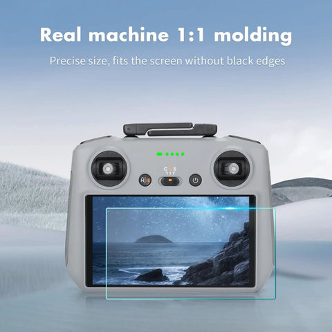 2 Pack HD Tempered Glass Screen Protector for DJI RC Pro Mini remote control display installation view, high touch sensitivity.