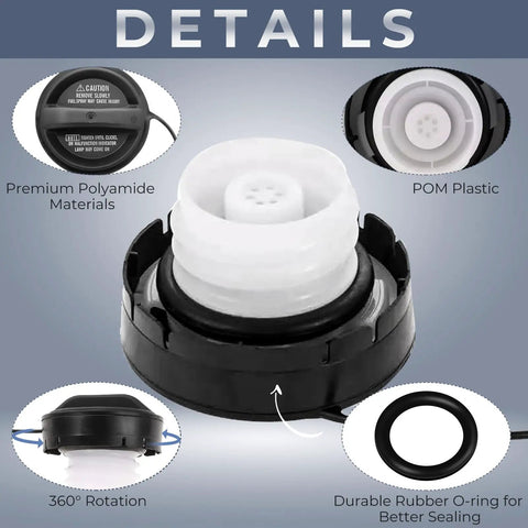 Gas Cap Replacement For 2000 2006 Toyota Lexus Fits Your Ride RAV4 Corolla Tacoma Matrix Highlander Tundra 4Runner Celica Echo Land Cruiser MR2 Spyder Sequoia Sienna GS300 GS430 IS300 LS430 LX470 RX300 77300-53010 OEM Quality Easy Install, showing black gas cap with detailed features and materials.