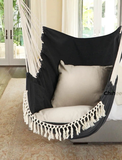 Hammock Chair Swing With Steel Spreader Bar Supports Up To 500 Lbs Two Cushions Included Portable Hanging Chair indoors