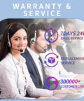 Customer service team with headsets providing warranty and service support, featuring 7-day email assistance and replacement service info.