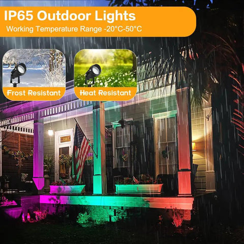 Outdoor 24W RGB Landscape Lights illuminating a porch, showcasing weatherproof design in rain, with 12 colors and 19 modes.