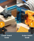 Close-up of 5-star and 4-star knobs from 128 Piece T Track Knob Kit With 5/16-18 Threaded Bolts And Washers For DIY Woodworking Jigs And Fixtures.