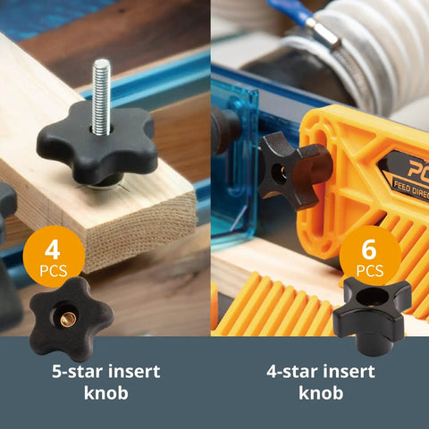 Close-up of 5-star and 4-star knobs from 128 Piece T Track Knob Kit With 5/16-18 Threaded Bolts And Washers For DIY Woodworking Jigs And Fixtures.