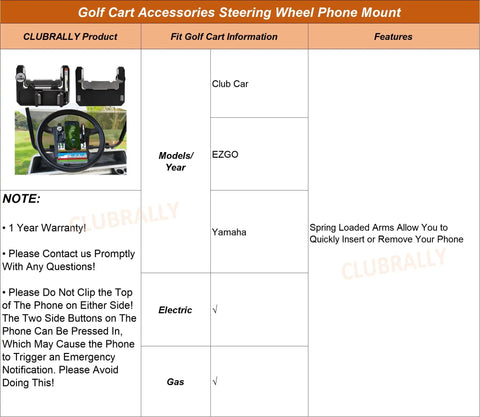 Go To Golf Cart Steering Wheel Phone Mount For Club Car EZGO Yamaha With Scorecard Holder And Custom Ball Marker shown with fit details