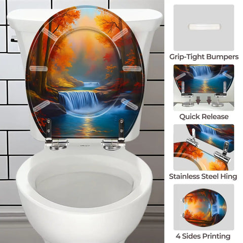 Toilet Seat Round Resin for Bathroom with waterfall design, stainless steel hinges, and quick-release feature.