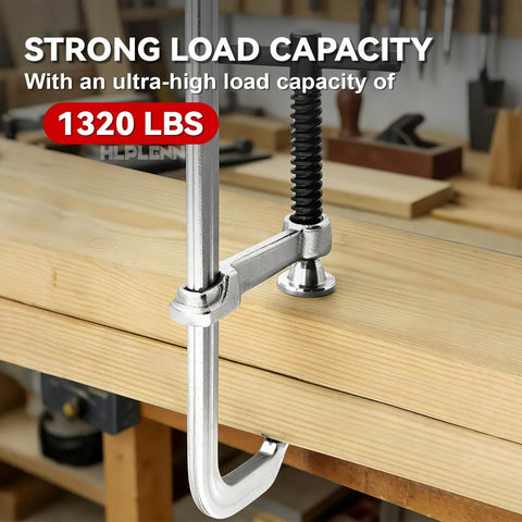 Heavy Duty 12 Inch F Clamps Set For Welding And Metalworking, 1320 Pounds Load Capacity, 4.75 Inch Throat Depth demonstrated in workshop
