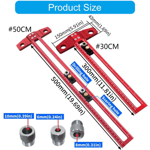 Red Double Scale T Square Ruler Aluminum Measuring Tool For Inches And Metric with product size details and accessories shown.