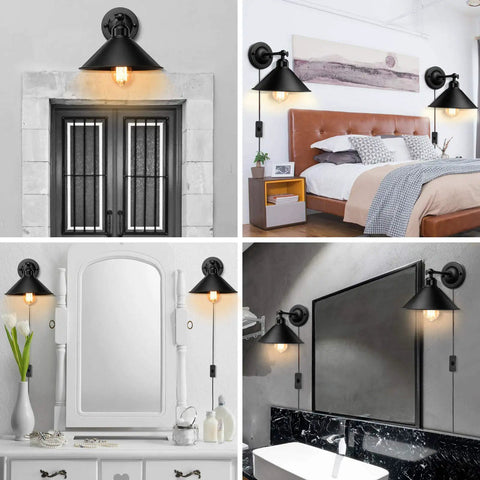 Plug In Black Wall Sconce Two Pack With Antique Swing Arm Industrial Style Lamp No Fuss On Off Cord Switch E26 Base Durable Fixture For Bedroom Bathroom Kitchen Living Room