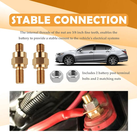 Heavy Duty 2 Pack Side Post Battery Terminal Extension Bolts With Nuts Featuring 3/8 Inch 16 Coarse And 3/8 Inch 24 Fine Threads installed on battery with nuts.
