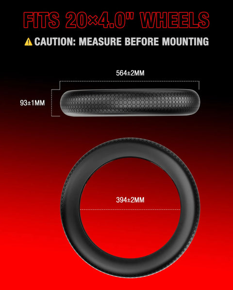 Puncture Proof Tire Insert For 20x4 Fat Bike Tires With 15mm Anti-Puncture Layer, showing measurements and profile view
