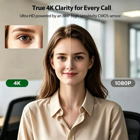Next Level 4K Webcam With Hella Crisp 30FPS Video And Rock Solid PDAF Autofocus For Live Streamers Gamers And Vloggers Featuring Top Shelf 1080P At 60FPS And Sharp Focus Studio Grade Clarity showing side-by-side comparison of 4K and 1080P clarity on a woman's face.