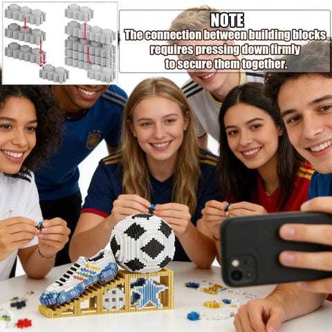 Dope 2026 Soccer Ball Building Block Set With Sport Sneaker And Luminous Crystal Shoe Realistic Mini Soccer Display On Golden Stand STEM Bricks DIY Educational Toy For World Cup Fans Teens And Adults. Teens assembling soccer ball and sneaker block set on golden stand