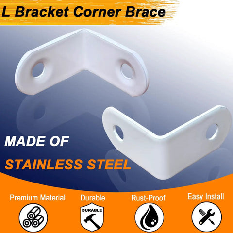 20 Pack Small White L Brackets Stainless Steel Corner Braces Rack Hardware Rust Resistant Built Like A Tank Shelf Supports For Diy Projects And Cabinet Mounts Easy Install With Durable Coating, displaying two L brackets with pre-drilled holes.