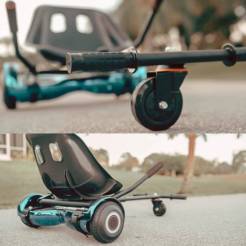 Hoverboard Seat Attachment Fits 6.5 To 10 Inch Self Balancing Scooters, Go Kart Conversion Kit, Ride On Go Cart Accessory For Kids And Adults, Purple And Easy Install shown installed outdoors