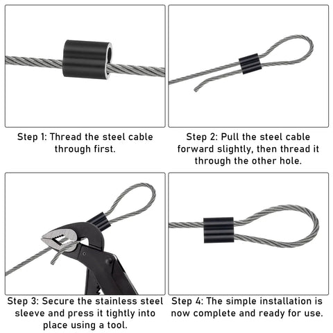 One Eighth Inch Aluminum Crimp Loop Sleeve Set Black Cable Ferrule For Wire Rope Crimps M3 50 PCS Rust Resistant Aluminum Durable Easy Crimp Heavy Duty Build For DIY Projects Repairs Fishing Camping Cables, steel cable loop installation steps