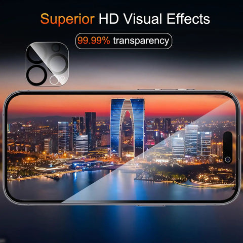 Peep Proof Privacy Screen Protector For iPhone 14 Pro Max 3 Pack With 25 Degree Anti Spy Shield showing cityscape through screen.
