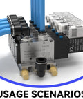 Six Pack 3/8 Inch OD to 3/8 Inch NPT Male Elbow Push to Connect Fittings on pneumatic system