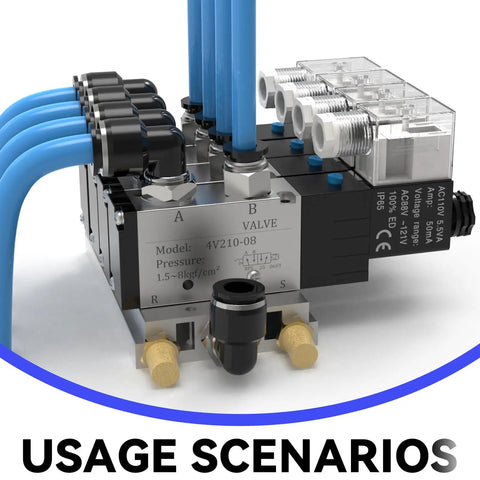 Six Pack 3/8 Inch OD to 3/8 Inch NPT Male Elbow Push to Connect Fittings on pneumatic system