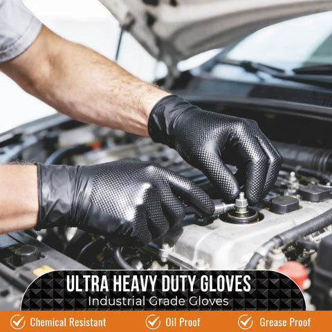 Mechanic wearing heavy duty 10 mil nitrile gloves with raised diamond texture, working on car engine, chemical resistant, latex free.