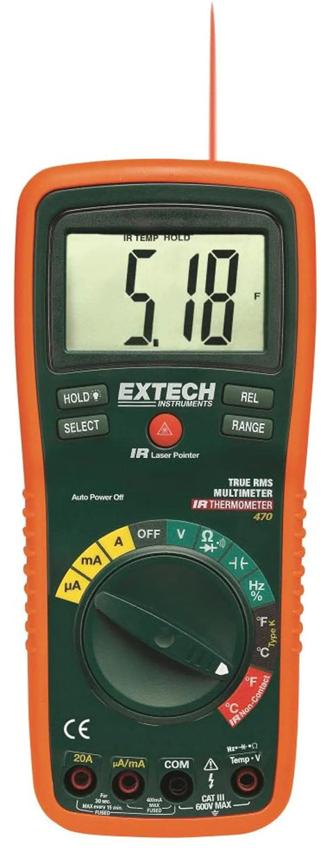 Pro Grade True RMS Multimeter And Noncontact Infrared Thermometer with display and dials, showing 5.18°F.